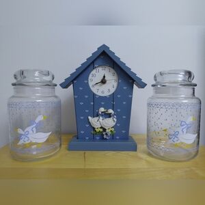 White Geese Or Ducks Wall Clock & Glass Canister Set